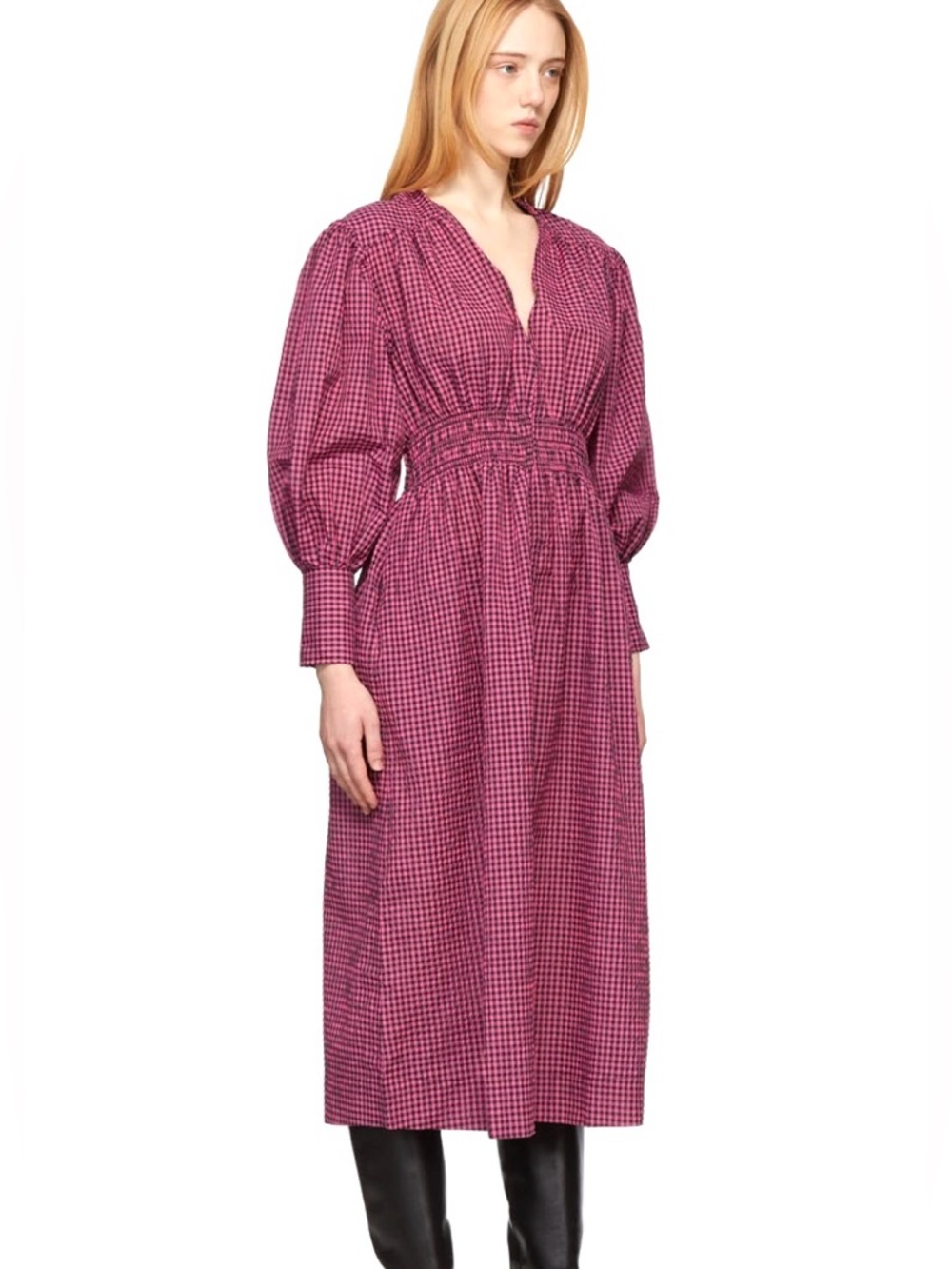 Ganni Searsucker Shirred Midi Dress, Sz L